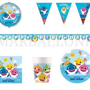 Artigos de decoração para festa Baby Shark: Utensílios de mesa, Balões, Guardanapos, Pratos, Toalha de mesa, Banner, Copos