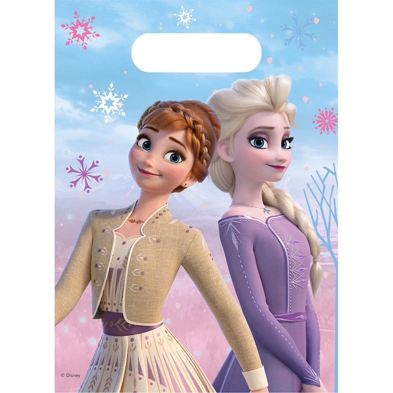 May include: Two Disney Frozen characters, Anna and Elsa, are featured on a blue and pink background with snowflakes. Anna is wearing a tan dress with a brown jacket and Elsa is wearing a purple dress with a snowflake necklace. The image is for a party favor bag.