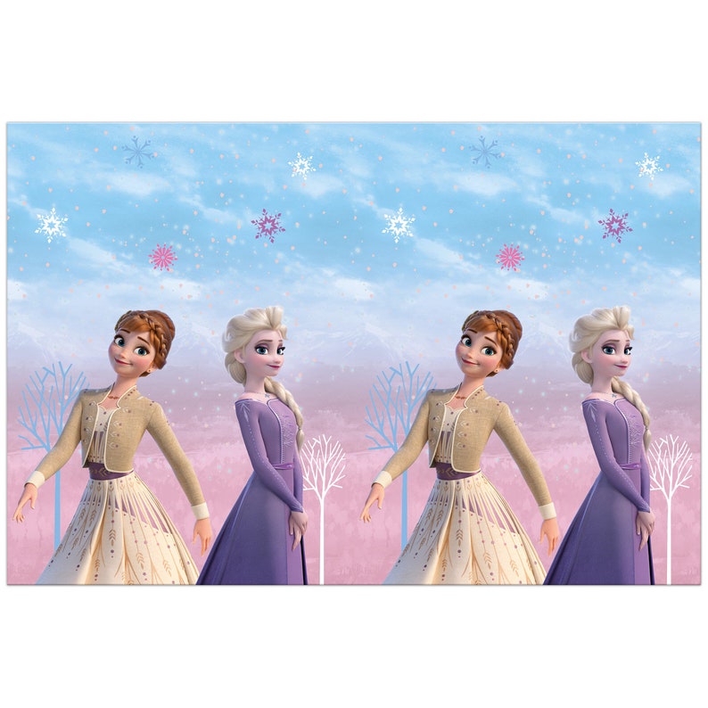 May include: Four figures of the Disney Frozen characters Anna and Elsa in their coronation outfits. The background is a light blue sky with white and pink clouds. The characters are standing on a pink and white background.