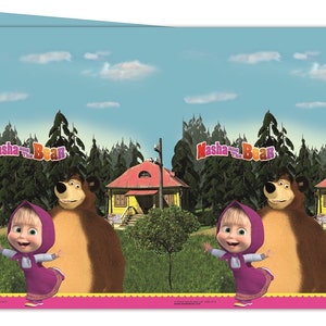 MASHA and THE BEAR Party Decor Supplies Tableware Balloons Napkins Plates Tablecover Banner Cups Invitation cards Straws 1 x table cover