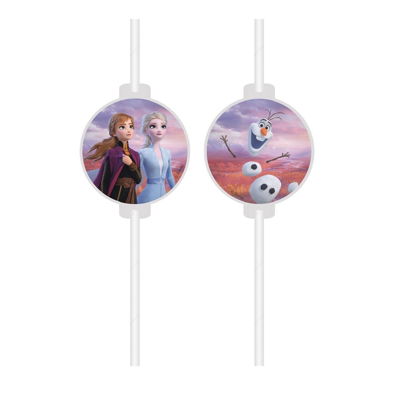 May include: Two white drinking straws with round, colorful, printed toppers. One topper features Elsa and Anna from Frozen, the other features Olaf.
