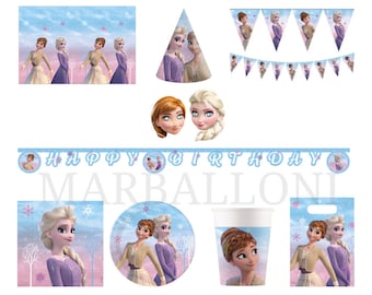 Artículos para fiesta de cumpleaños de Frozen 2: platos, vasos, globos, servilletas y manteles.