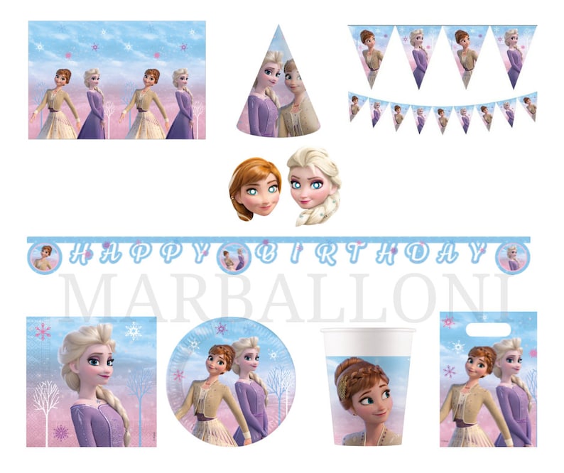May include: Frozen themed party supplies featuring a blue and white banner with the text "Happy Birthday" and "Marballoni", a blue and white party hat with images of Elsa and Anna, blue and white plates with images of Elsa and Anna, a blue and white cup with an image of Anna, and a blue and white party favor bag with images of Elsa and Anna.