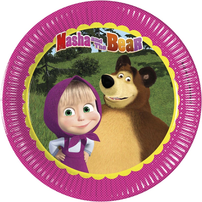 MASHA and THE BEAR Party Decor Supplies Tableware Balloons Napkins Plates Tablecover Banner Cups Invitation cards Straws 1 x 8 plates 9"