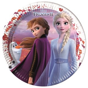 May include: Round paper plates featuring Disney's Frozen II. The plates are white with a red, orange, and yellow fall leaf pattern around the edge. The center of the plate features a scene from the movie with Elsa, Anna, and Olaf. The text "Disney Frozen II" is printed in black at the top of the plate.