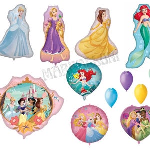 Princess Foil Balloons Set: Supersized, Round, Printed balloons Party Decor Belle, Cinderella, Rapunzel, Ariel