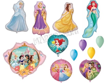 Princess Foil Balloons Set: Supersized, Round, Printed balloons Party Decor Belle, Cinderella, Rapunzel, Ariel