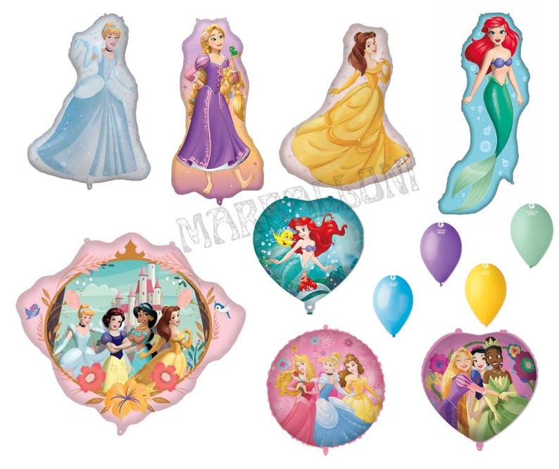 Puede incluir: Una colecci&oacute;n de globos de aluminio con princesas de Disney. Los globos incluyen a Cenicienta, Rapunzel, Bella y Ariel, junto con globos en forma de coraz&oacute;n y redondos con im&aacute;genes de princesas. Globos adicionales en varios colores.