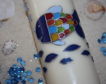 Christening candle rainbow fish fish with cross