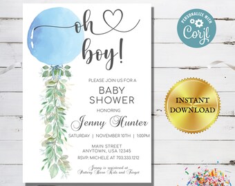 May include: A blue and white baby shower invitation with a watercolor balloon and greenery. The text reads "Oh boy!" and includes details for the event, such as the date, time, and location. The invitation also includes the name "Jenny Hunter" and the phrase "RSVP: Michele at 703.333.1212".