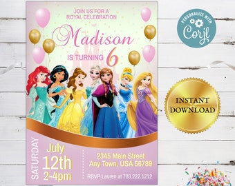 Princess Birthday Invitations, Girl Birthday Party Invites, Cinderella, Elsa, Belle, Template, Printable, Editable Instant Download