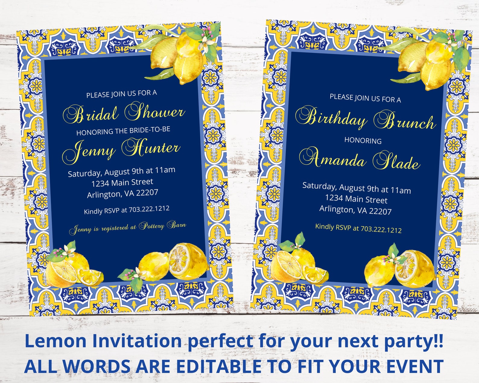 Lemon Birthday Party Invitation Positano Lemons Blue Tile Etsy