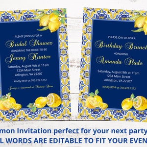 Lemon - Birthday Party Invitation - Positano Lemons Blue Tile - Bridal Shower Invitation - Brunch Invitation - Editable Invitations