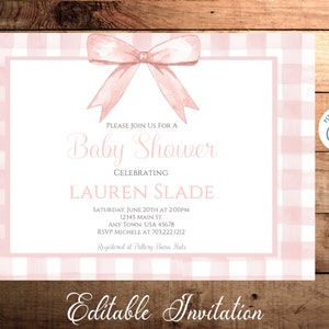 Preppy Pink/Blush Bow Watercolor Gingham Girl Baby Shower, Invito di compleanno