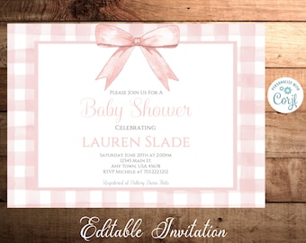 Preppy Pink/Blush Bow Watercolor Gingham Girl Baby Shower, Birthday Invitation