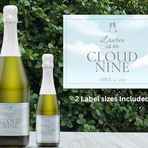 Custom Wine Bottle Labels for Bachelorette Party or Bridal Shower, She&#39;s on Cloud Nine, Personalized Champagne Label