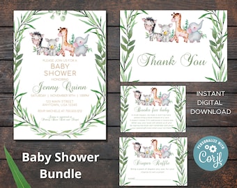 Zestaw zaproszeń na baby shower Safari, edytowalny pakiet zaproszeń na baby shower w dżungli, pakiet neutralny pod względem płci A Wild One Package Pobierz szablon