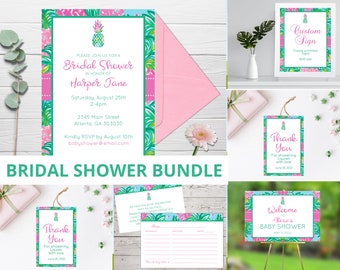 Bridal Shower Bundle, Pineapple Bridal shower, Preppy Bridal shower invitation, recipe card, welcome sign, Floral, Shower Invite