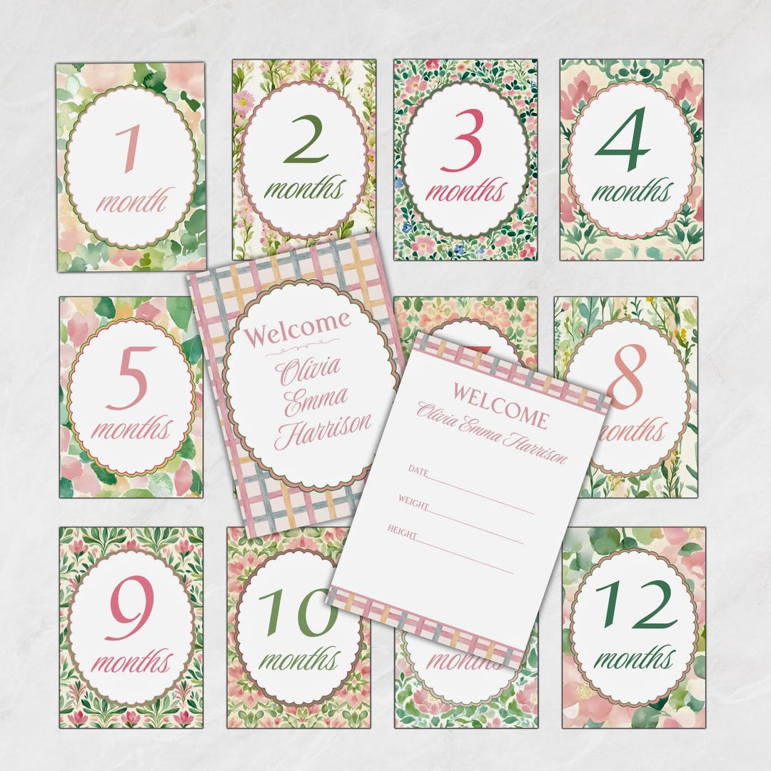 Baby Girl Pink Floral Milestone Cards, Monthly Baby Milestone Set, Baby ...