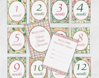 Biglietti di auguri floreali rosa per neonata, set mensile per segnare i traguardi del bambino, regalo per baby shower, segnapunti per i traguardi, biglietti di auguri personalizzati per i traguardi