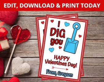 I Dig You Valentines Printable Valentine's Day Label, Kids Valentine Cards, Tag, School Valentines, Valentine...I Dig You, Instant Download