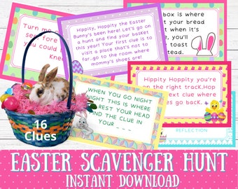May include: A printable Easter scavenger hunt with 16 clues. The clues are printed on colorful cards with images of bunnies, eggs, and other Easter-themed items. The cards are decorated with a pink and white polka dot background.