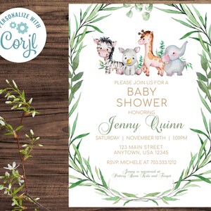 Baby Shower Invite, JUNGLE Baby Shower Invitation, Safari Baby Shower Invitation, Boy Baby Shower, editable invitation template