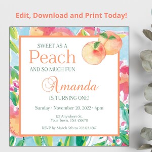 Bearbeitbare Pfirsich Geburtstagseinladung One Sweet Peach First Birthday Einladung Pfirsich Floral Mädchen 1. Geburtstag Druckbar