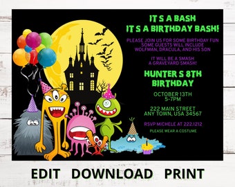 May include: A black and green Halloween party invitation with a cartoon castle, moon, and monsters. The text reads "It's a Bash! It's a Birthday Bash!"  Hunter S 8th Birthday. October 13th 5-7pm. 222 Main Street Any Town, USA 34567. RSVP Michele at 222.1212. Please wear a costume.