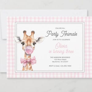 Giraffe Geburtstagseinladung, Aquarell Einladung, Party Animal einladen, bearbeitbare Geburtstagseinladungsvorlage, rosa Gingham