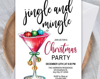 Könnte beinhalten: Weihnachtsparty-Einladung mit Cocktailglas-Design. Der Text lautet "jingle and mingle" in schwarzer Schrift, mit "Christmas Party" in Rot. Enthält Datum, Uhrzeit und RSVP-Informationen.
