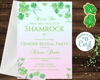 Shamrock gender reveal invitation, Irish gender reveal invites, St. Patrick's day gender reveal, Quale sarà il nostro piccolo trifoglio? Lui o lei