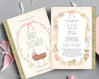 May include: A baby shower invitation with a green and gold book design. The invitation features a pink and white floral wreath with a baby carriage and the text "Please Join Us For A Baby Shower". The back of the invitation features a pink and white floral wreath with a baby carriage and the text "See back for details".