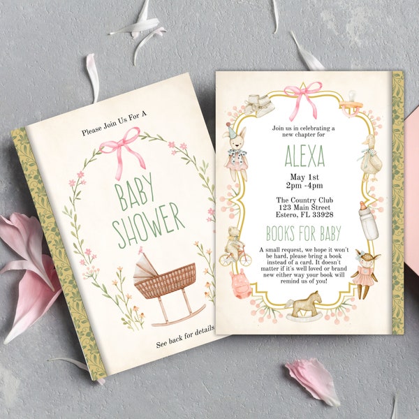 Storybook Baby Shower Invitation, Vintage Book Themed Baby Shower Invite, Baby Girl Shower, Editable Retro Baby Shower Invite