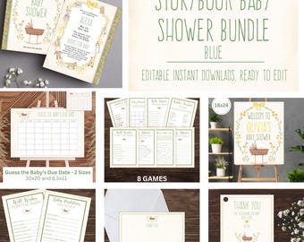 Storybook Baby Shower Invitation Bundle, Vintage Book Themed Baby Shower Invite, Gender Neutral Shower, Editable Retro Baby Shower Invite