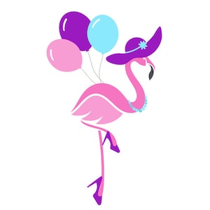 May include: A pink flamingo wearing a purple hat with a blue flower and a blue beaded necklace. The flamingo is holding three balloons: one purple, one blue, and one pink.