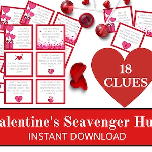 Valentines Day scavenger hunt clue cards / Valentine's Day treasure hunt clues / Valentines scavenger hunt / Valentines games