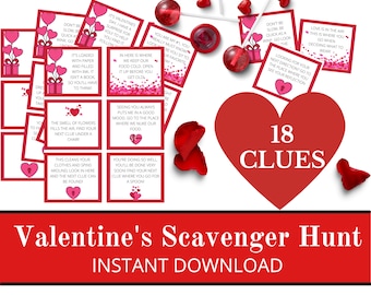 Valentines Day scavenger hunt clue cards / Valentine's Day treasure hunt clues / Valentines scavenger hunt / Valentines games