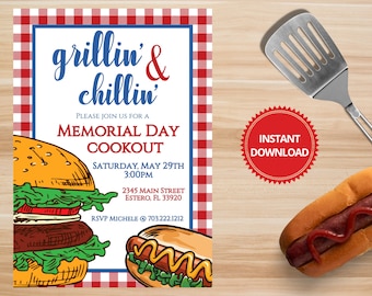 Cook Out Invitation, Memorial Day Invitation, Independence Day, 4th of July BBQ Invitation, Labor Day, BBQ, Grillin and Chillin, DIY