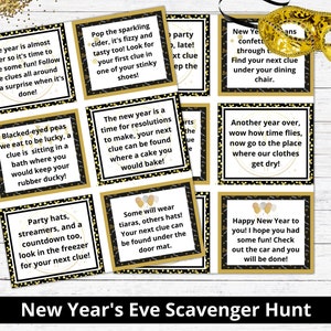 New Year&#39;s scavenger hunt clue cards / New Year Eve treasure hunt clues / New Year&#39;s party games / Kids New Years Game