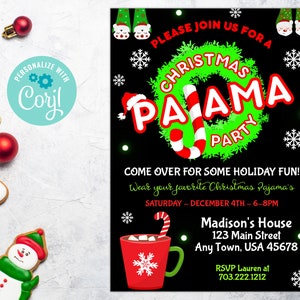 May include: Black and green Christmas pajama party invitation with a red and white candy cane, a red mug with hot chocolate, and snowflakes. The text reads "Please join us for a Christmas Pajama Party. Come over for some holiday fun! Wear your favorite Christmas Pajama's. Saturday - December 4th - 6-8pm. Madison's House, 123 Main Street, Any Town, USA 45678. RSVP Lauren at 703.222.1212."