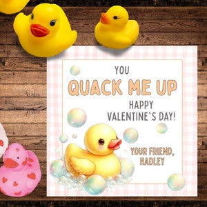May include: A pink and white checkered card with a yellow rubber ducky in a bubble bath. The card reads "You Quack Me Up Happy Valentine's Day! Your Friend, Hadley".