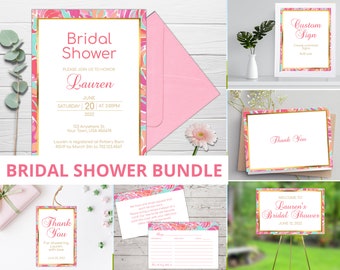 May include: A printable bridal shower bundle with a pink and blue floral design. The bundle includes an invitation, thank you card, welcome sign, and a custom sign. The text on the invitation reads "Bridal Shower, Please join us to honor Lauren, June 20, 2022, at 2:00pm".