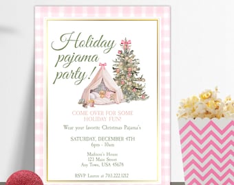 Holiday sleepover birthday invitation Christmas pajama party invite Girl's Movie night Christmas Slumber Party Editable Download