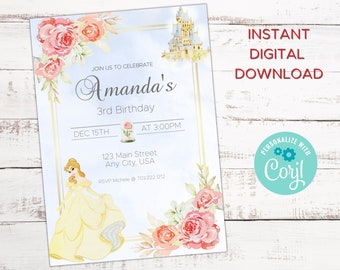 Beauty and The Beast Invitation, Belle Invitation, Beauty and The Beast Birthday Invitations, Princess Belle, Printables, Personalized