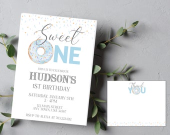 Editable Donut Sweet One Birthday Invitation Boy Donut 1st Birthday Party Donut Birthday Party Sweet One Pastel, Thank You Card Included