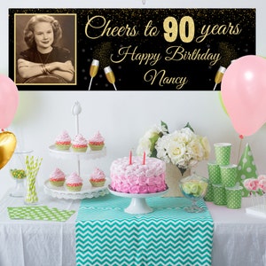 Digital Personalized Gold and Black Birthday Banner Party Decorations Name Age Photo 21st 30th 40th 50th 60th 70th 80th  90th Banner