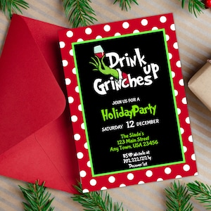 Drink Up Grinches Invito alla festa di Natale Stampabile digitale Invito di Natale istantaneo Modificabile Invito per le feste Invito per cocktail party