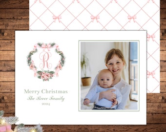 Watercolor Monogrammed Christmas Card, Photo Card Template, Watercolor Christmas Card, Digital Christmas Card, Holiday photo card