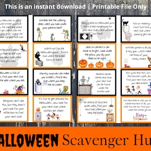 May include: A printable Halloween scavenger hunt game with 10 colorful cards featuring spooky illustrations and clues. Each card has a different Halloween theme, such as zombies, witches, and ghosts. The game is perfect for kids and adults alike.